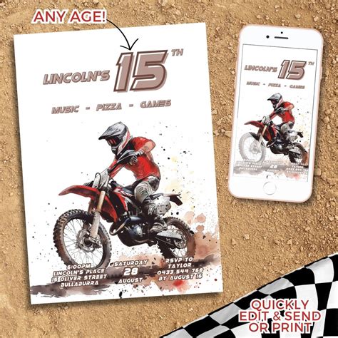 Motocross Teenage Boy Party Invitation, Boys Motorbike Invite Mtb ATV FMX BMX Birthday Party ...