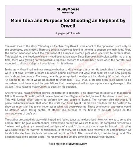 Main Idea and Purpose for Shooting an Elephant by Orwell Free Essay Example