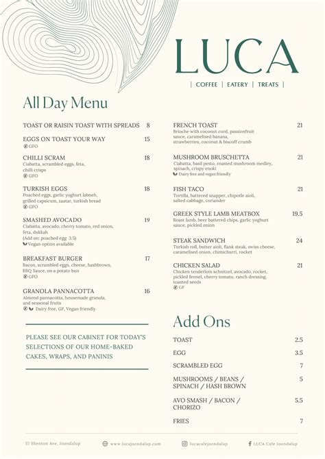 Menu - LUCA | Coffee | Eatery | Treats
