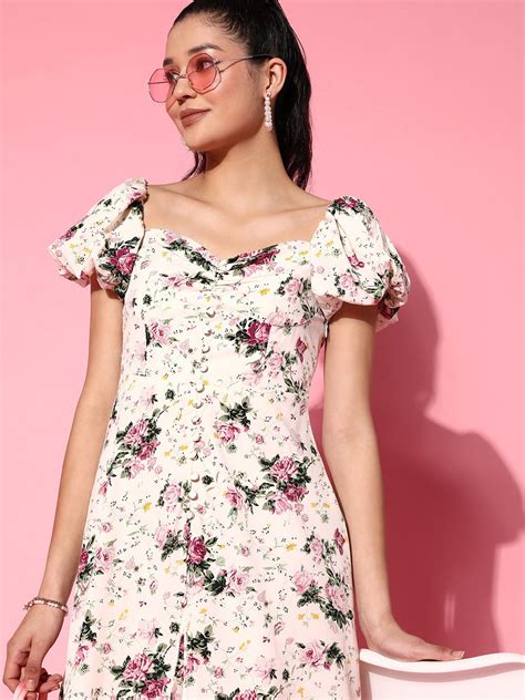 Women Beige & Purple Floral Printed Off-Shoulder Neck Crepe Pleated Fit ...