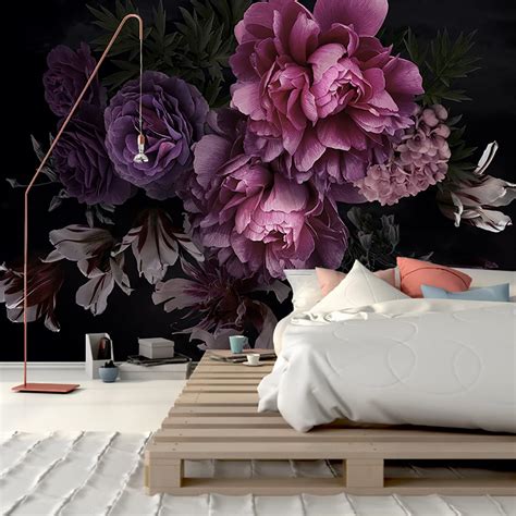 Dark Floral Wall Mural Peel and Stick 148" W x 98" H Large Flower ...