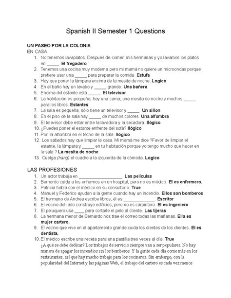 Spanish II Semester 1 Questions - Spanish II Semester 1 Questions UN ...