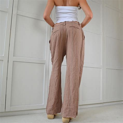 Vintage tan pinstripe cotton wide leg trousers Low... - Depop