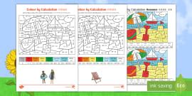 KS2 Summer Themed Addition and Subtraction Colour by Calculation Worksheets
