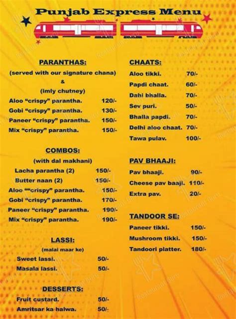 Menu at Punjab Express, Bengaluru