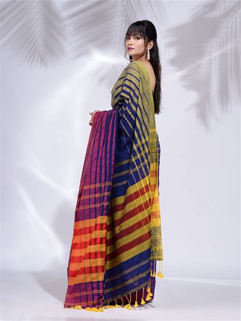 Royal Blue Cotton Handwoven Saree With Stripe Border – Charukriti