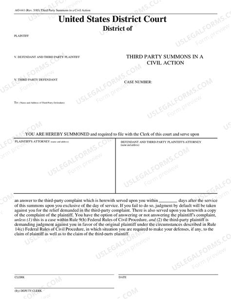 South Dakota AO-441 Third Party Summons - Civil Action - Federal ...