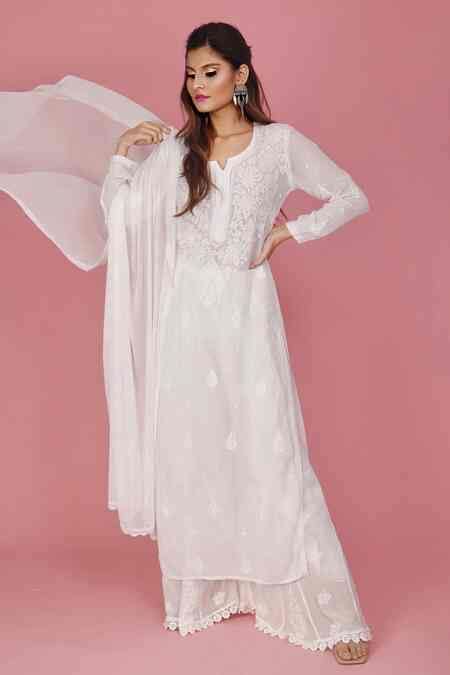 Buy White Chiffon, Georgette Chikankari Notched Kurta Set For Women by ...