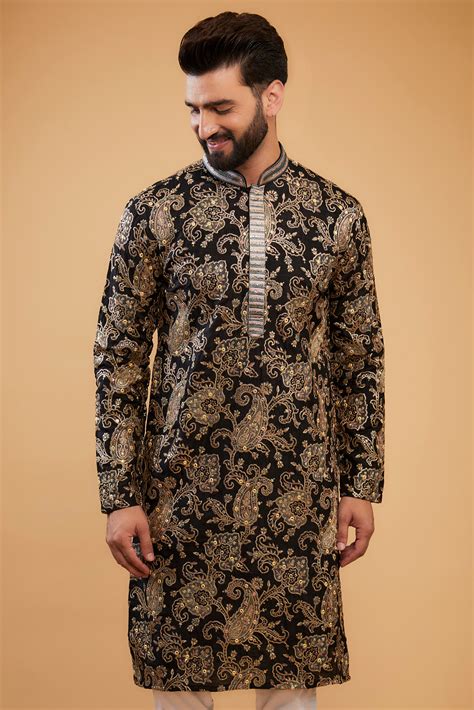 Black kashmiri heavy chikankari kurta with hand embroidered neckline.