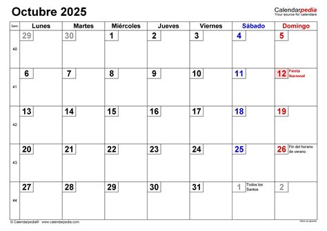Calendario octubre 2025 en PDF, Excel y Word | Calendarpedia