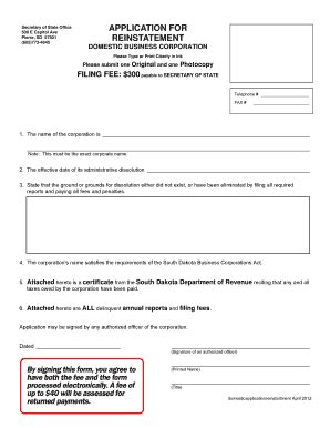 Fillable Online sdsos Bapplication forb reinstatement - South Dakota ...