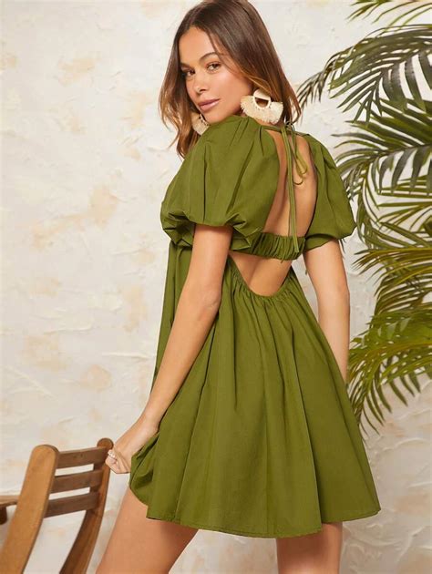 SHEIN Unity Tie Backless Puff Sleeve Pleated Dress | SHEIN USA