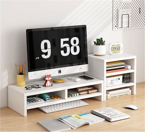 Olpad Adjustable Dual Monitor Stand with Storage Organizer, Wooden ...