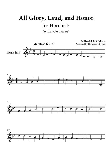 All Glory, Laud, and Honor (for Horn in F) - With note names (arr ...