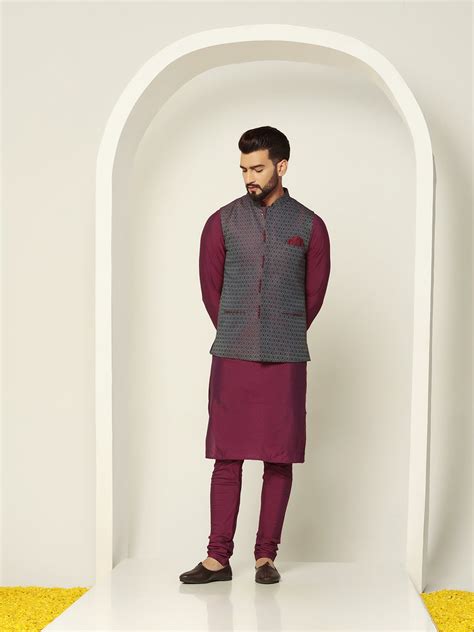 Men Blue Textured Silk Blend Jacquard Kurta Jacket Churidar Set with ...