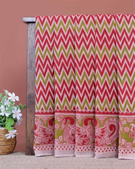 Handloom Kalamkari Cotton Saree with Bold Chevron Pattern and Traditio