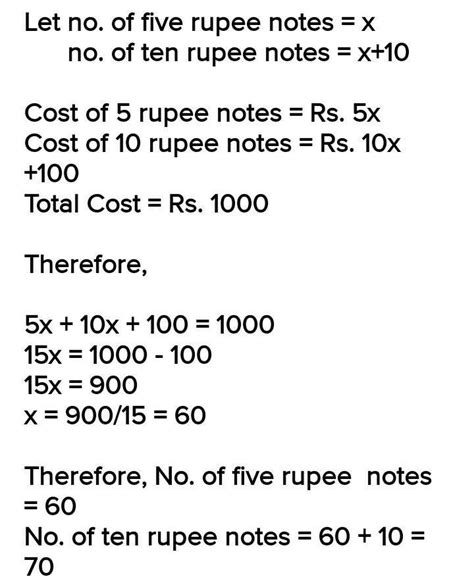 I have Rs 1000 in ten and five rupee notes. If the number of ten rupee ...
