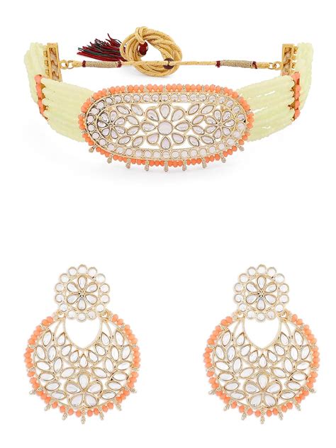 ZAVERI PEARLS Green & Orange Multistrand Crystal Kundan & Beads Choker ...