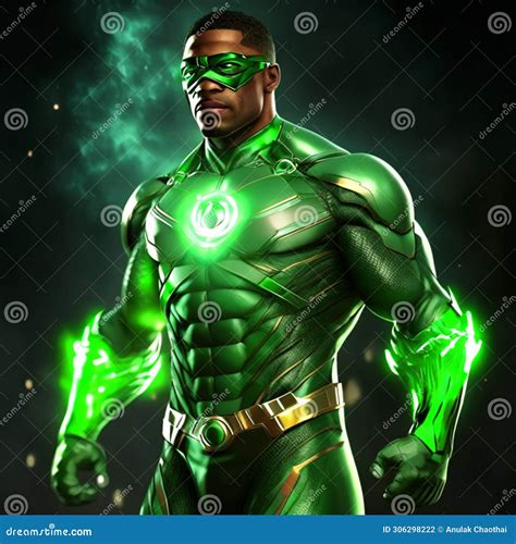 3D Illustration of a Male Superhero with Green Shield and Green ...