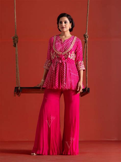 Buy Pink Leheriya Georgette Peplum and Sharara Set Online – Vasansi Jaipur