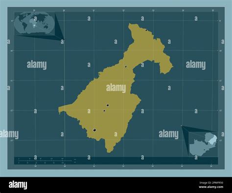 Muchinga, province of Zambia. Solid color shape. Locations of major cities of the region. Corner ...