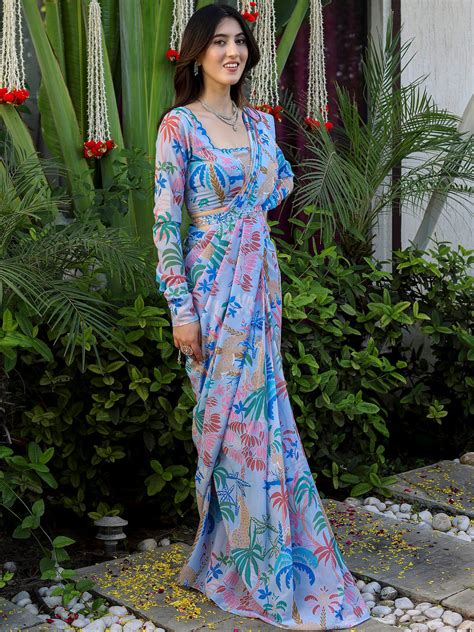 Shop Blue Baag Printed Ready Saree Online - Lavanya The Label