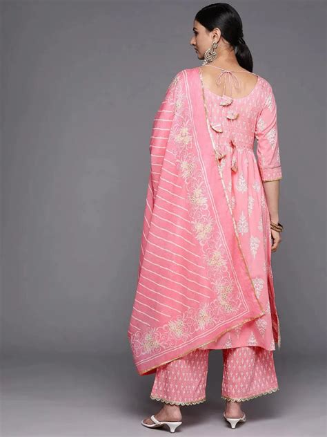 Buy Pink Yoke Design Cotton Anarkali Kurta With Palazzos & Dupatta ...
