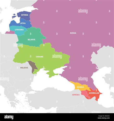 East Europe Region. Colorful map of countries in eastern Europe. Post Soviet and Caucasian ...