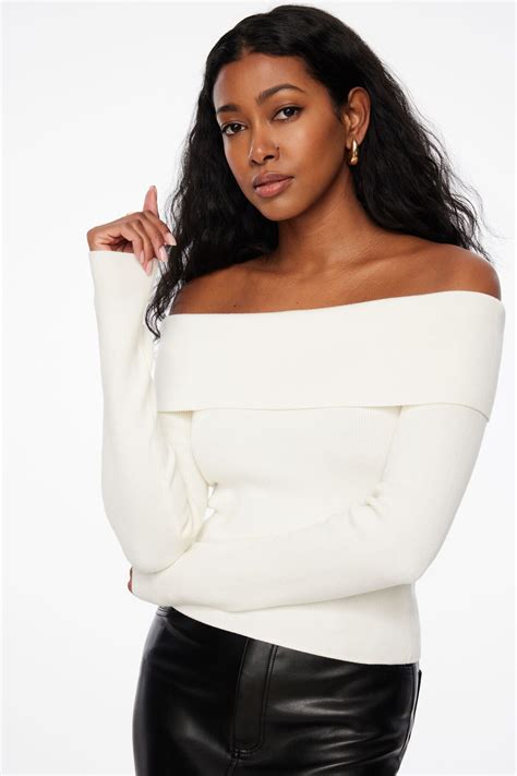 Fold Over Off Shoulder Sweater White | Dynamite