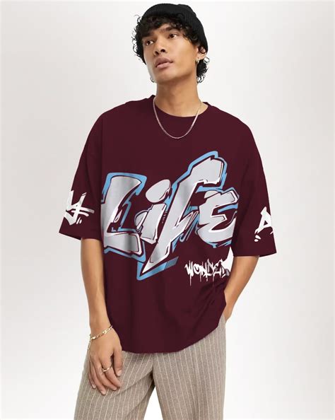 Maroon Oversize LIFE Printed oversize t shirt for men