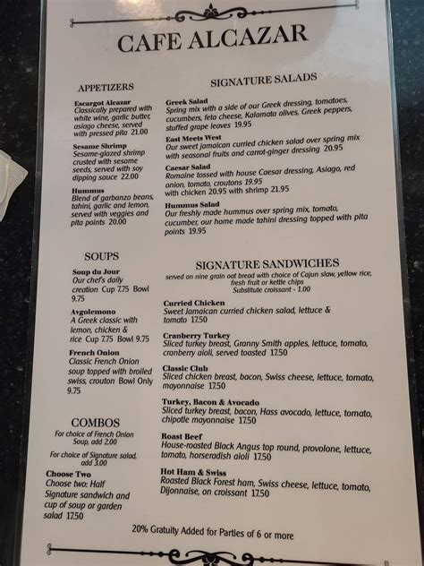 Menu at Café Alcazar cafe, St. Augustine