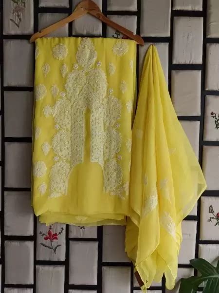 Bright Yellow colour chikankari embroidered georgette unstitched salwar ...