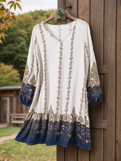 EMERY ROSE Retro Print V-Neck Long Sleeve Women's Short Casual Dress ...