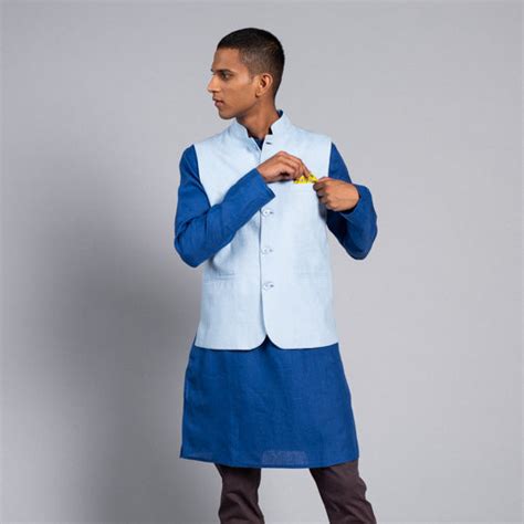 Haven Light Blue Linen Nehru Jacket – Minizmo