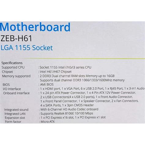 Zebronics H61 Motherboard ATX Intel LGA 1155 Socket | 6USB,1VGA,1LAN ...