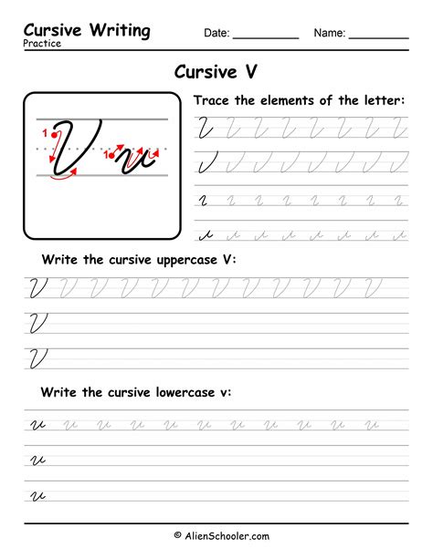 Cursive Writing: Letter V - Free Printable Worksheet PDF | Alien Schooler
