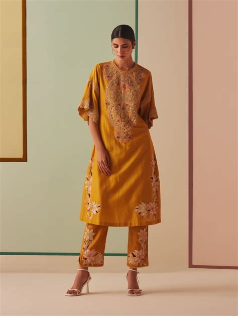 Buy - Zephyr mustard contrast embroidered yoke kurta with pants | Elan ...