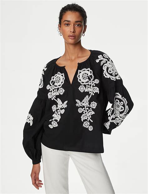 Buy Pure Cotton Embroidered Puff Sleeve Blouse at Marks & Spencer