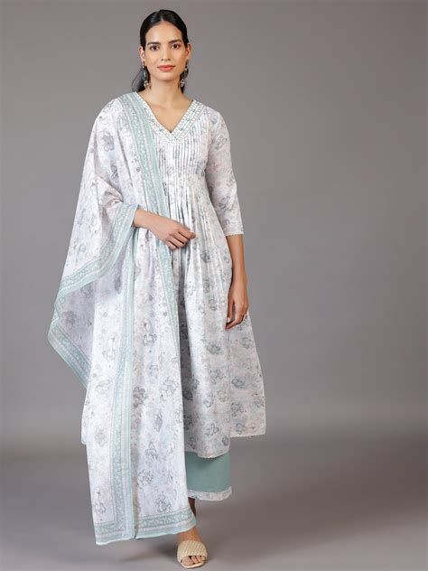 Buy Off White Printed Cotton Blend A-Line Kurta With Palazzos & Dupatta ...