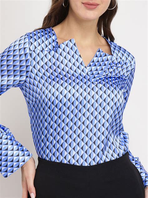 Buy Blue Stretchable Satin Geometric Top Online | FableStreet