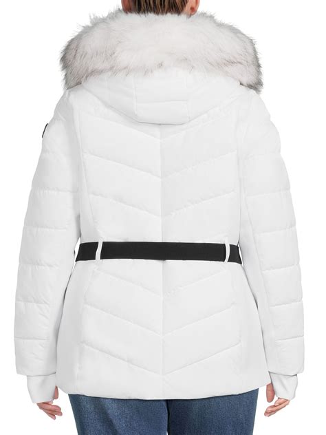 Buy F.O.G. Women's and Plus Belted Puffer Coat with Faux Fur Hood ...