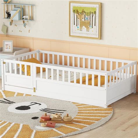 Amazon.com: Twin Size Floor Bed with High Fence and Door, Montessori Floor Bed Twin Size, Twin ...