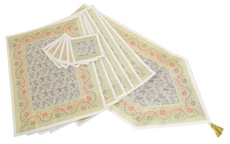 13 PC Table Runner White Indian Banarasi Silk Brocade Paisley Decor Di ...