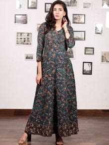 Forest Charm - Hand Block Printed Cotton Long Dress With Back Knots ...