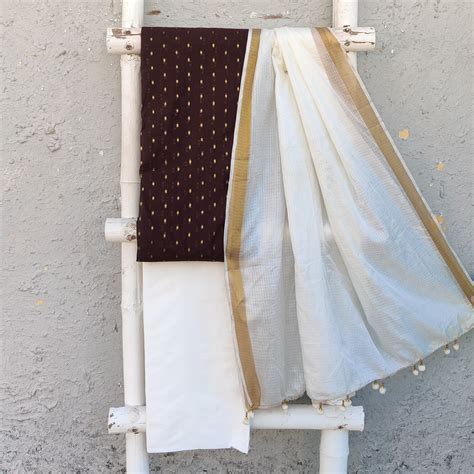 RESHAM - Dark Brown Gold Butti Cotton Silk With Cream Cotton Silk Bott ...