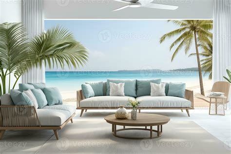 Sea view living room with comfortable sofa, white wall, marble floor ...
