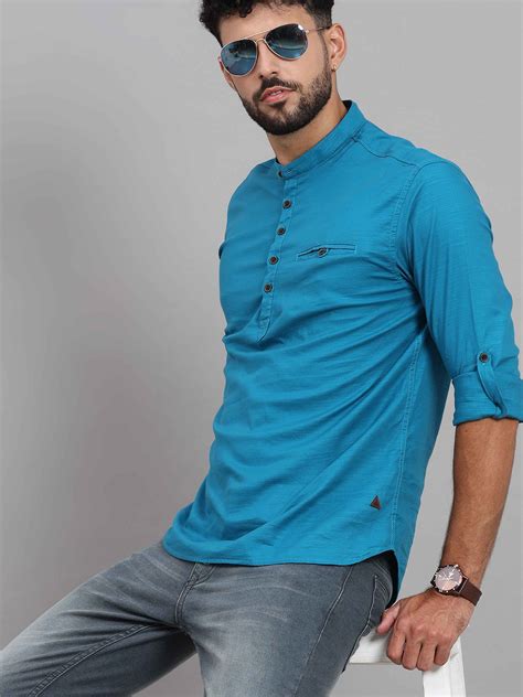 Buy Men's Blue Slim Fit Solid Full Sleeves Casual Kurta Shirts