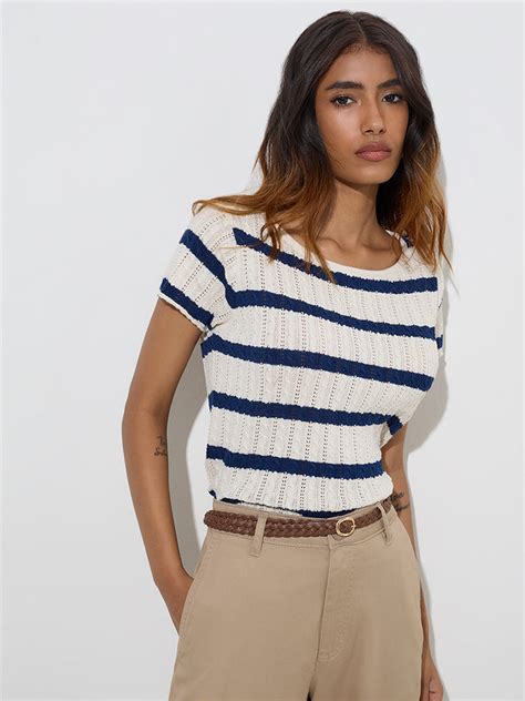 Buy LOV Navy Striped Knit-Textured Cotton-Blend Top from Westside