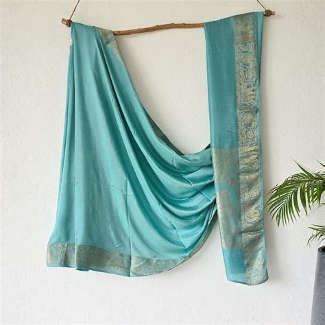 RAHA -Dola Silk Plain Light Sea BlueWith Zari Border Saree – Sanskruti