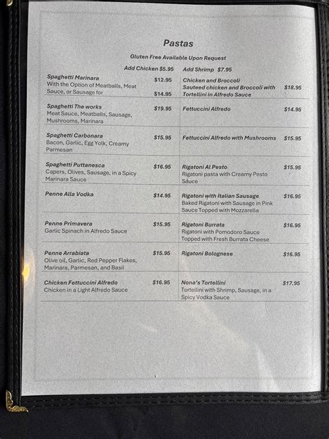 Menu at Nona's Italian Restaurant, Petal